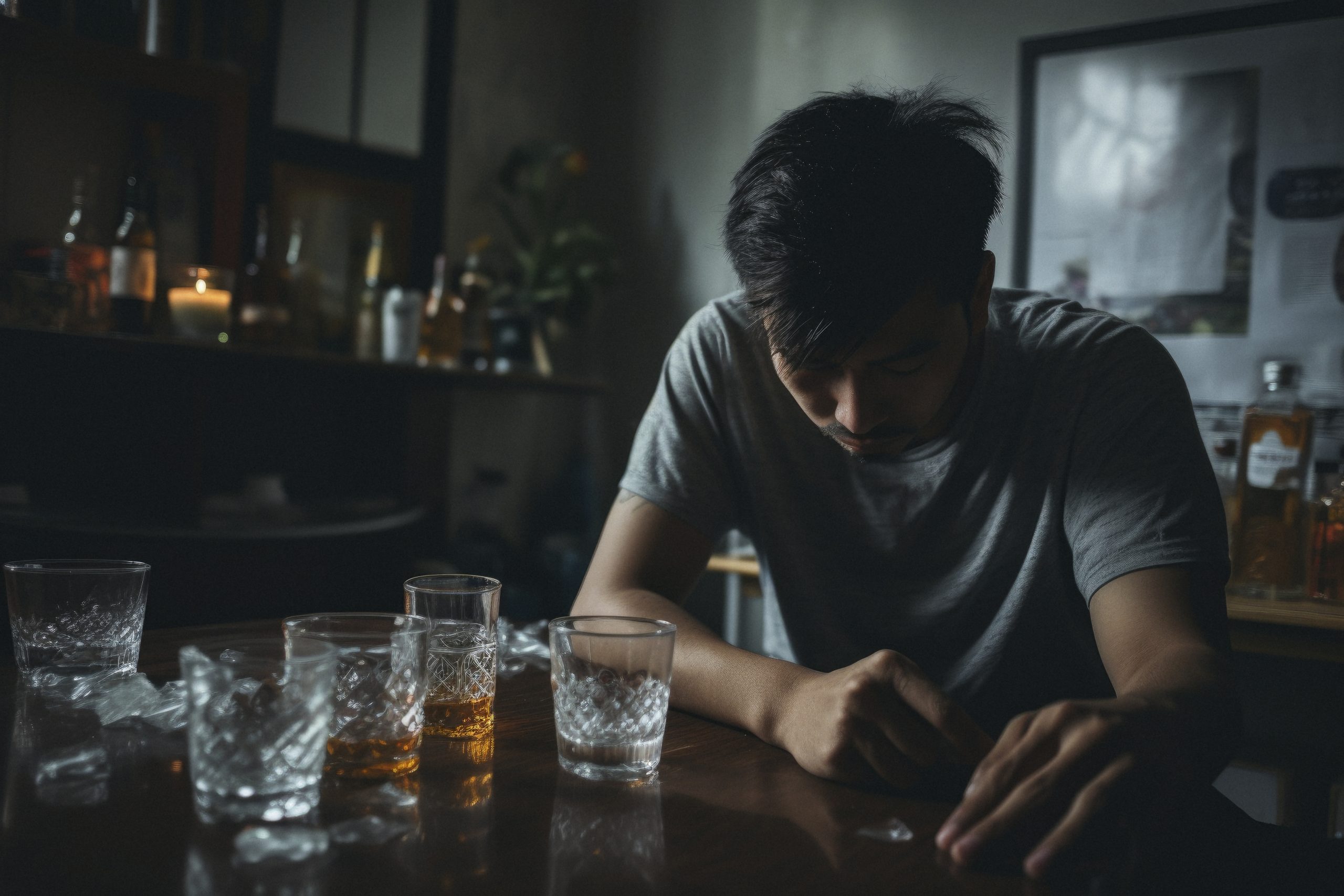 a young asian man in their early twenties who is experiencing a hangover after a night of excessive drinking, clean room, cinematic photography, cinematic tones, cinematic color grading --ar 3:2 --style raw --v 5.2 Job ID: f6a48511-e2d4-4e5c-8711-39b2e33509ae