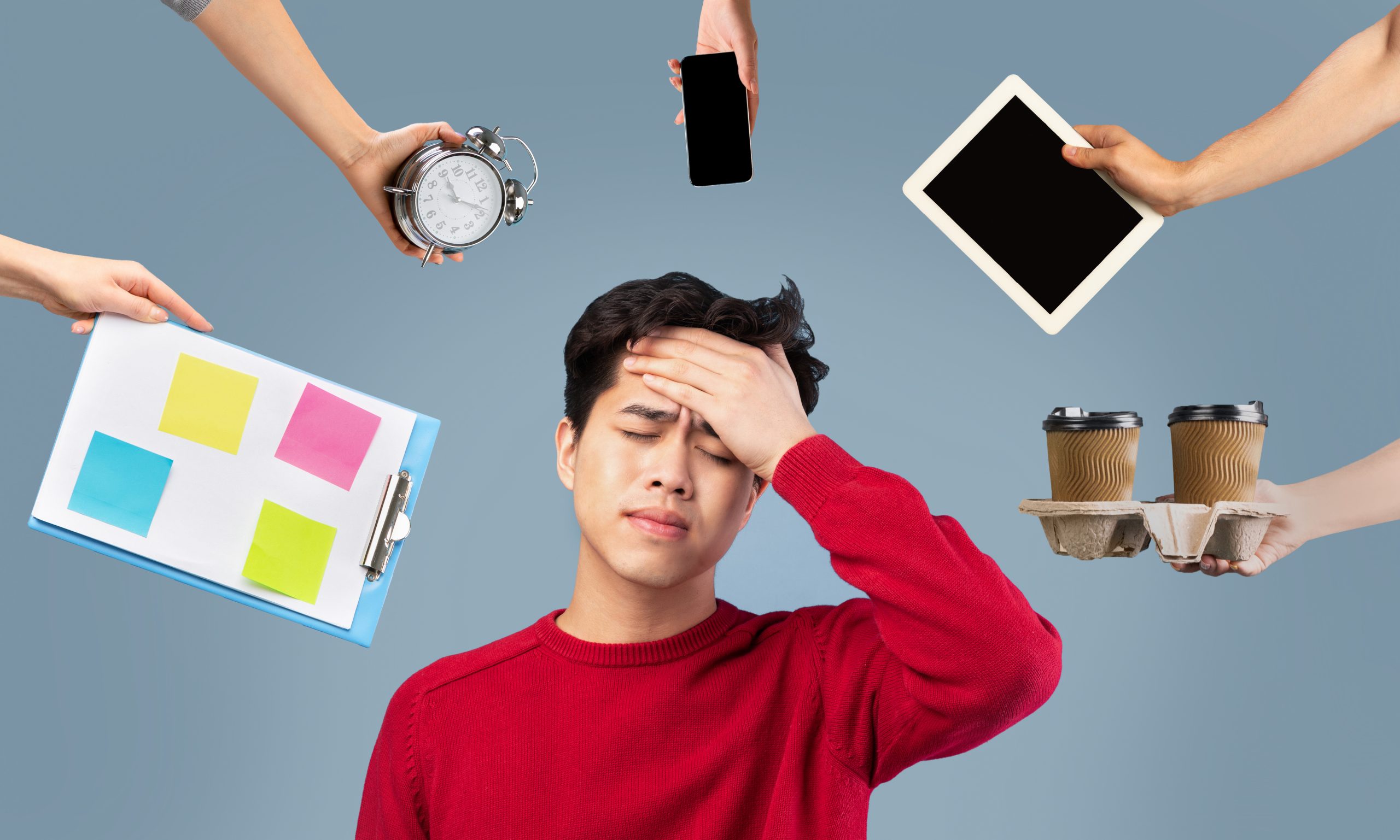 Exhausted millennial asian guy touching his forehead surrounded by hands with gadgets, watch, schedule and coffee to go, grey studio background, collage, time management concept